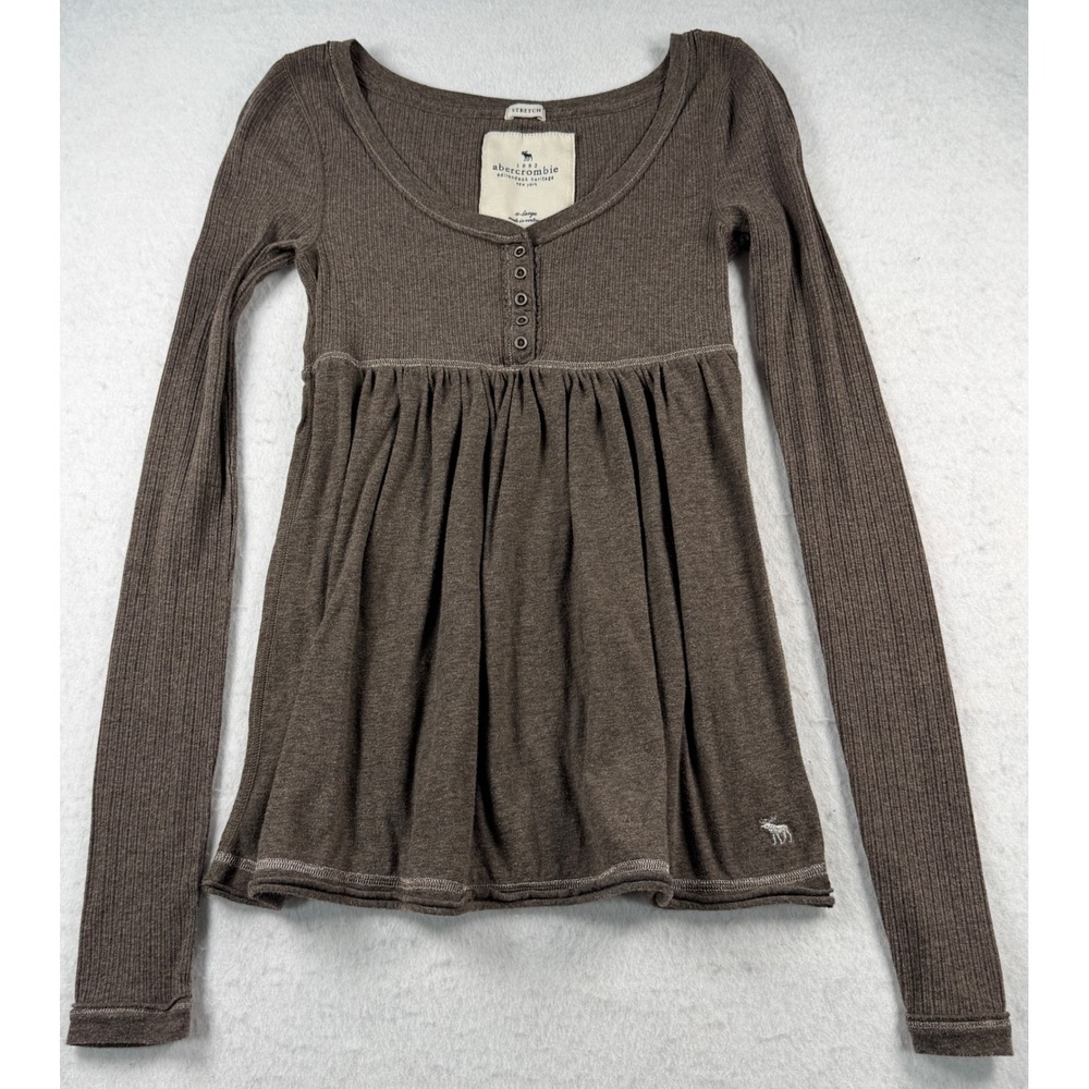 Vintage Abercrombie Brown Babydoll Henley Top Y2K Long Sleeve Moose Youth XL AXS